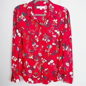 LOFT | Red Floral Long Sleeve Button Down Front Blouse Top Women’s Size Small